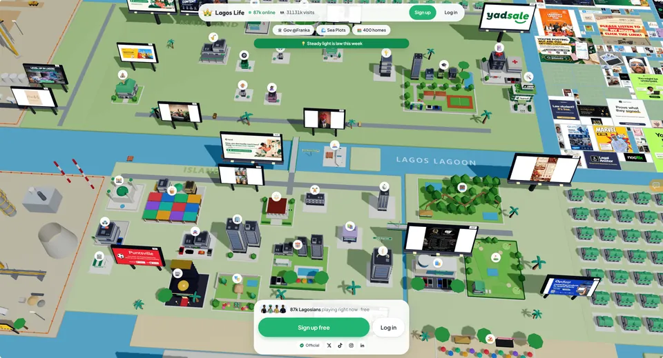 Lagos Life game map screenshot Lagos Life game map showing the Lagos Lagoon, city blocks, billboards, homes and the Sign up button